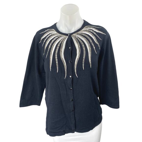 Bob Mackie Black Beaded Sequin 3/4 Sleeve Button Up Knit Cardigan Sweater Top M - Picture 1 of 5